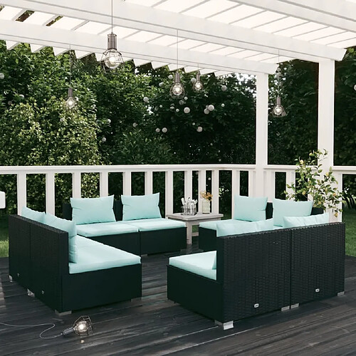 vidaXL Salon de jardin 8 pcs avec coussins résine tressée noir