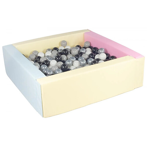 Velinda Piscine à balles carrée avec 300 balles - rose, bleu, jaune (pastel)/noir, blanc, gris, argent