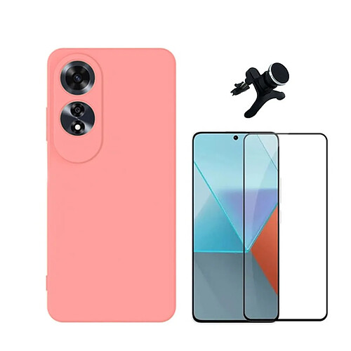 NIS Kit de Film en Verre Trempé à Couverture Complète + Couverture en Silicone Flexible + Support de Voiture Extra Ferme Compatible avec Oppo A60 - Rose