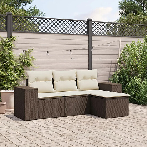 vidaXL Salon de jardin 4 pcs avec coussins marron résine tressée