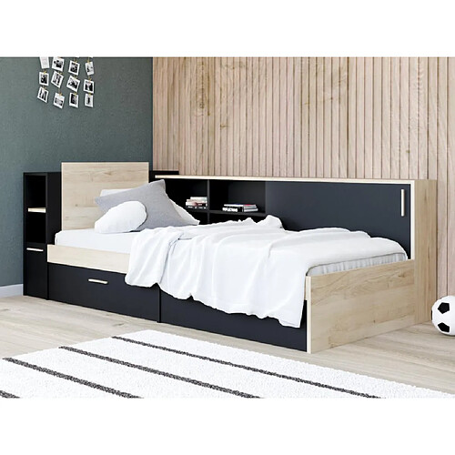 Vente-Unique Lit modulable 90 x 190/200 cm avec rangements - Noir et naturel + Sommier + Matelas - LIARA