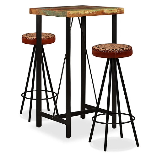 vidaXL Ensemble de bar 3 pcs Bois de récupération Cuir véritable et toile