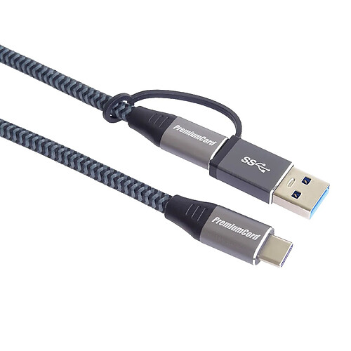 PremiumCord Câble USB 3.2 Gen 2 de Type C Mâle vers Mâle, Charge Jusqu'à 5 A/100 W, 20 Gbit/s, Capuchons en Aluminium, Tressage de Coton, Réduction USB-C/USB-A, Longueur: 2 m, Noir/Gris