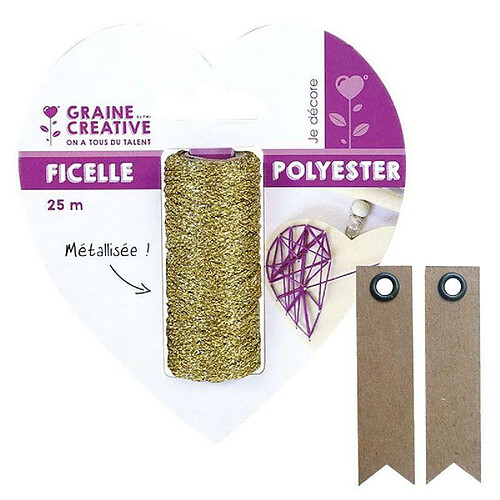 Graines Creatives Bobine de ficelle métallisée dorée 25 m + 20 étiquettes kraft Fanion