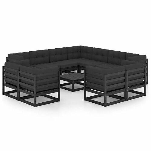 Maison Chic Salon de jardin 12pcs + coussins - Mobilier/Meubles de jardin - Table et chaises d'extérieur Noir Bois de pin massif -MN25928