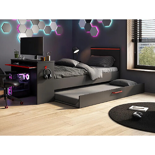 Vente-Unique Lit gigogne gamer2 x 90 x 200 cm - Avec bureau - LEDs - Anthracite et rouge + Sommier - VOUANI