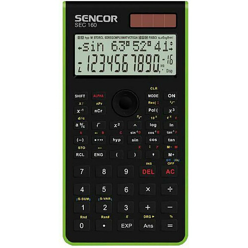 SENCOR SEC 160 GN Calculatrice 240 fonctions scientifiques, écran LCD à deux lignes, affichage de 12 caractères alphanumériques et 10 chiffres + 2 chiffres, fonction de calcul Noir/vert