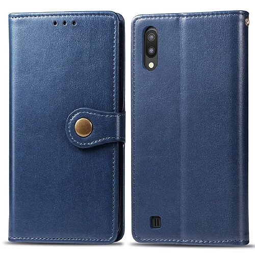 Wewoo Housse Coque Étui en cuir de protection de téléphone portable de couleur unie rétro avec cadre photofente pour carte et portefeuille et support Galaxy M10 bleu