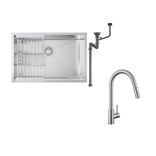 Auralum MAX Évier Cuisine 1 Bac 60*44*20CM,inox,à Encastrer/sous-plan avec Panier Drainage,Silver+Mitigeur Cuisine avec Douchette Extensible,Rotatif 360°,Brossé