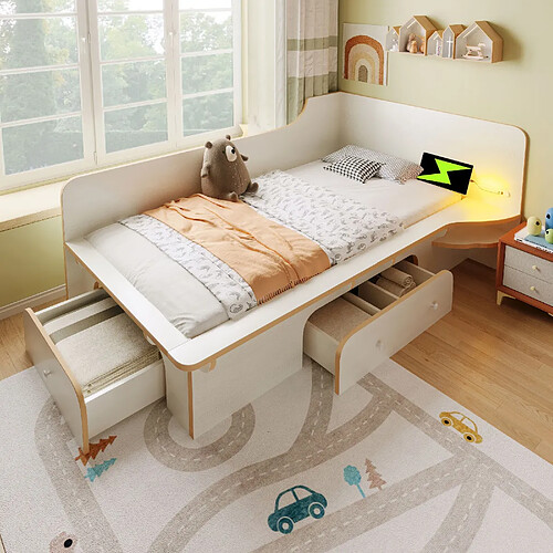 KOMHTOM Lit d'enfant 90 x 200 cm, avec liseuse, USB, prise C et 3 tiroirs, design antidérapant, blanc