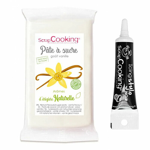 Scrapcooking Pâte à sucre blanche d'origine naturelle vanille 250 g + Stylo glaçage noir