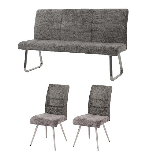 Decoshop26 Lot de 2 chaises de salle à manger + banc 160 cm inox brossé en tissu chenille gris foncé 04_0008278