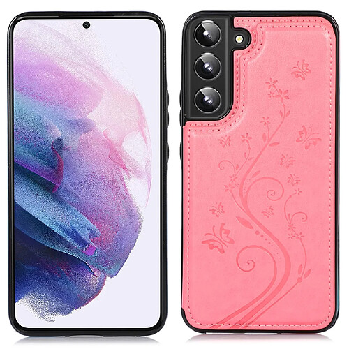 Coque en TPU + PU motif fleur, deux boutons magnétiques avec béquille et porte-cartes rose pour votre Samsung Galaxy S22 5G