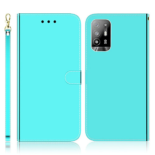 Etui en PU Surface semblable à un miroir avec support cyan pour votre Oppo A94 5G/F19 Pro + 5G/Reno5 Z