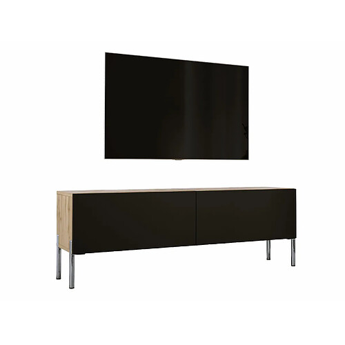 3XELIVING Meuble TV en couleur Chêne wotan / Noir mat avec pieds droits en chrome, D: l : 140 cm, H : 52 cm, P : 32 cm