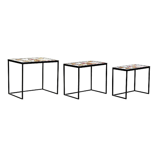 Pegane Set de 3 tables gigognes en verre multicolore et métal noir