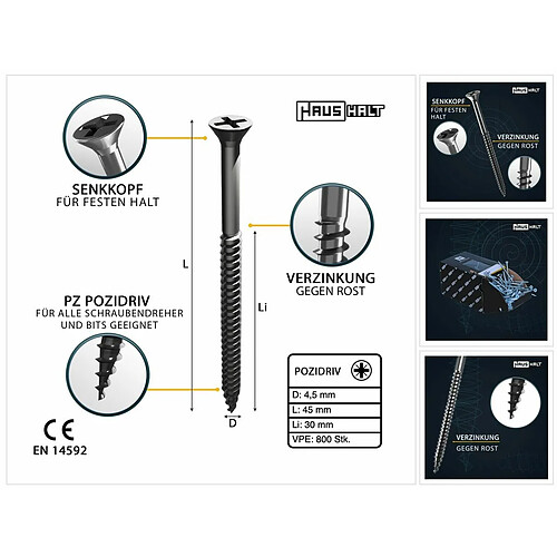 Haus Publishing HausHalt Vis à bois universelle 4,5x45mm - PZ2 - Zinguée argentée - Cruciforme Pozidriv - Tête fraisée - Filetage partiel - 800 pcs. (2x 000051371170)