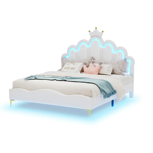 ComfortXL Lit Pour Enfant 140 * 200 Cm, Lit Double Plat, Lit De Princesse En Forme De Couronne, Blanc