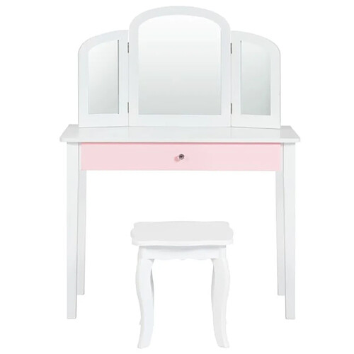 Helloshop26 Ensemble coiffeuse et chaise avec miroir pliable pour enfants table et tabouret de maquillage de style princesse 70 cm x 34 cm x 95,5 cm blanc et rose 20_0008438