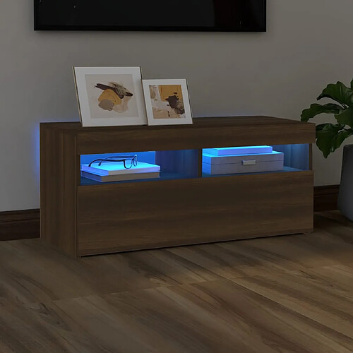 vidaXL Meuble TV avec lumières LED Chêne marron 90x35x40 cm