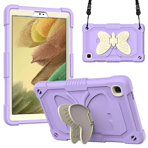 Coque en TPU + silicone avec béquille en forme de papillon et bandoulière beige/violet clair pour votre Samsung Galaxy Tab A7 Lite 8.7 pouces