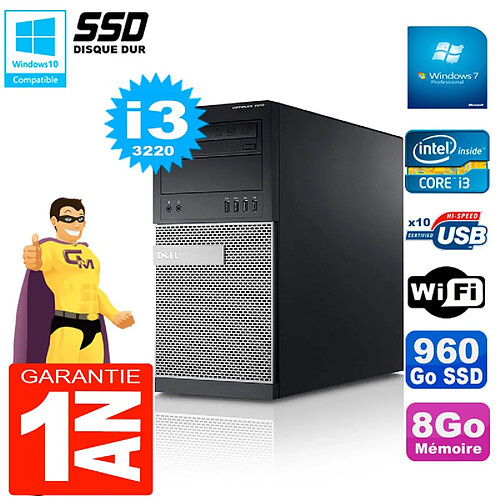 PC Tour DELL 7010 Core I3-3220 RAM 8Go Disque 960 Go SSD Wifi W7 · Occasion