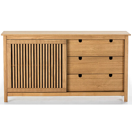 Pegane Buffet bas en pin massif décor ciré chêne, meuble de rangement - Longueur 150 x Profondeur 40 x Hauteur 80 cm