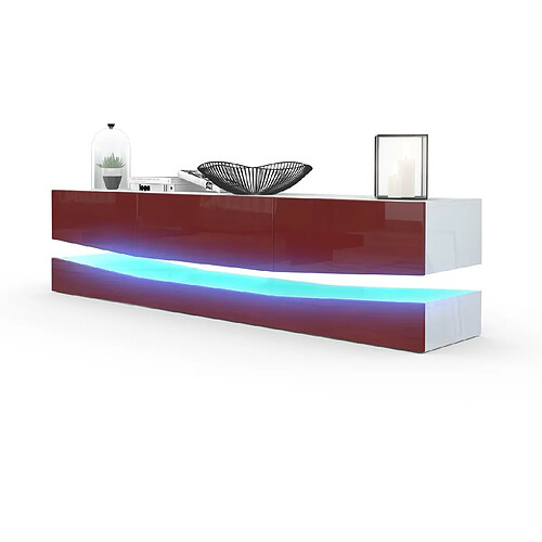 Mpc Meuble TV Avec Socle Blanc et bordeaux Haute Brillance + LED (178 X Variable X 39 Cm)