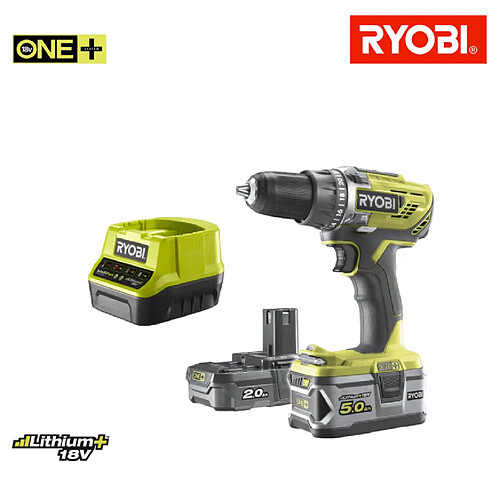 Perceuse-visseuse RYOBI 18V OnePlus 2 batteries LithiumPlus 2.0Ah et 5.0Ah - chargeur rapide 2.0Ah R18DD3-252S