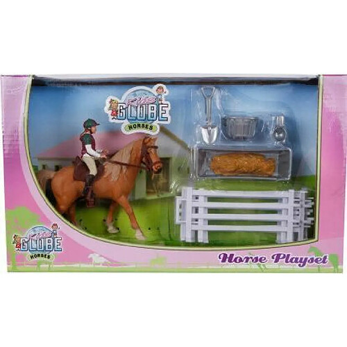 Kids Globe Horses 640073 Kit de Jeu pour Chevaux avec 1 Cheval, 1 Cavalier, 1 clôture et Accessoires