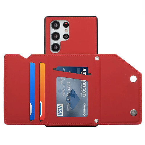 Coque en TPU + PU avec béquille et porte-carte rouge pour votre Samsung Galaxy S22 Ultra 5G