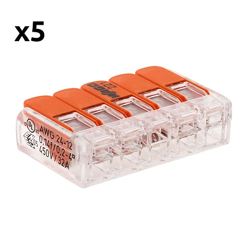 Lot de 5 bornes de raccordement S221 Compact - Connexion rapide - 5 conducteurs avec leviers 4mm² - orange - Wago