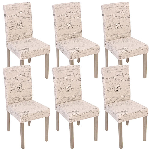 Decoshop26 Lot de 6 chaises de salle à manger cuisine en tissu crème motif lettrage des pieds en bois clair 04_0000893