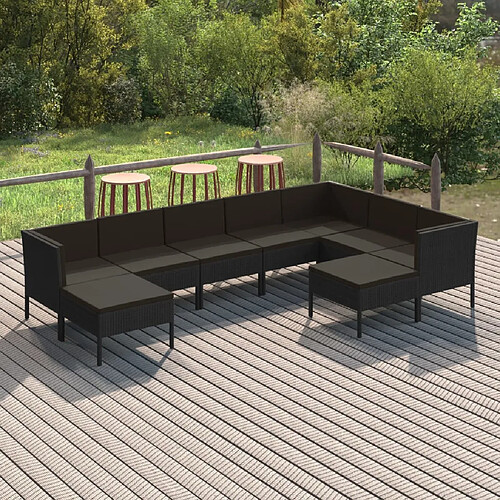 vidaXL Salon de jardin 9 pcs avec coussins Résine tressée Noir