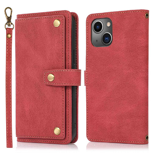 Etui en PU texture rétro avec support et porte-cartes pour votre iPhone 13 mini 5.4 pouces - rouge