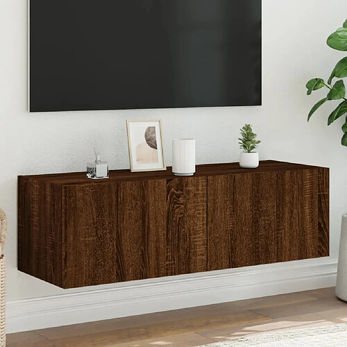 vidaXL Meuble TV mural avec lumières LED chêne marron 100x35x31 cm