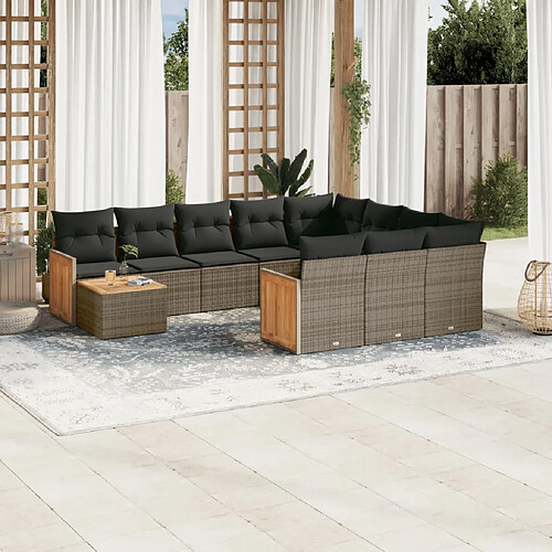 vidaXL Salon de jardin 11 pcs avec coussins gris résine tressée