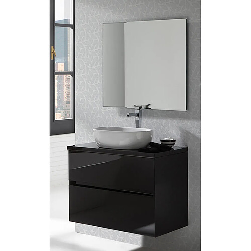 Pegane Meuble de salle de bain coloris noir avec vasque à poser en céramique + miroir - Longueur 80 x Profondeur 46 x Hauteur 56 cm