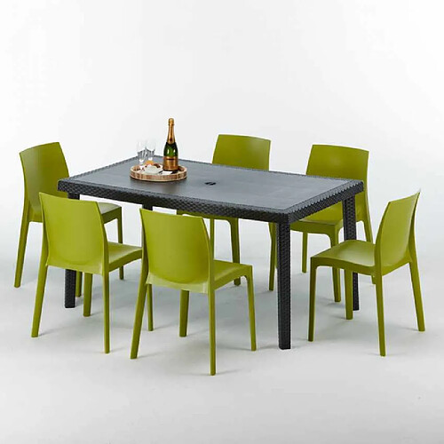 Grand Soleil Table rectangulaire et 6 chaises Poly rotin colorées 150x90cm noir Enjoy, Chaises Modèle: Rome Anis vert