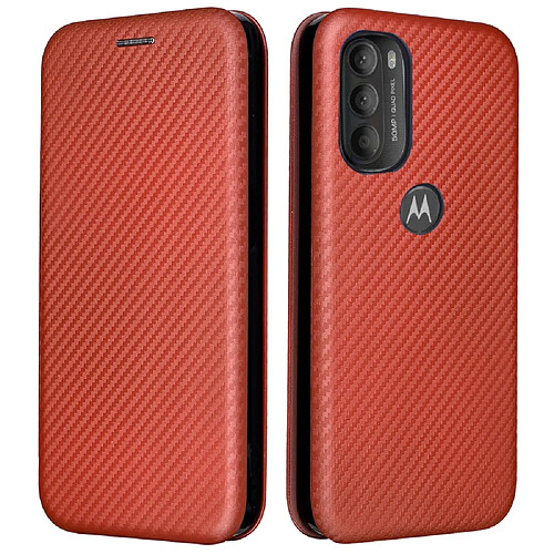 Coque en TPU + PU texture en fibre de carbone avec support et porte-carte orange pour votre Motorola Moto G71 5G