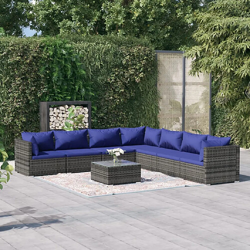 vidaXL Salon de jardin 8 pcs avec coussins résine tressée gris