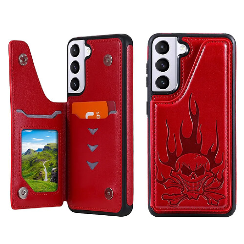 Coque en TPU + PU crâne imprimé, hybride avec béquille et porte-carte rouge pour votre Samsung Galaxy S21 5G