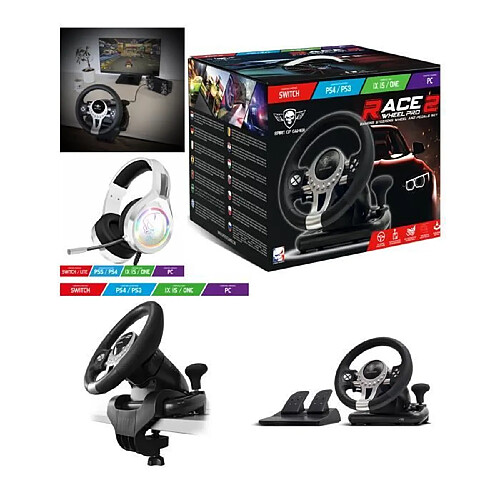 Volant et pédales de jeu Vidéo PRO Race compatible Xbox Séries X|S PS3 PS4 SWITCH PC + Casque SPIRIT OF GAMER H8B PRO MULTI CONSOLE