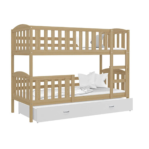 Kids Literie Lit Superposé Teo 90x190 Pin - blanc Livré avec sommiers, tiroir et matelas en mousse de 7cm