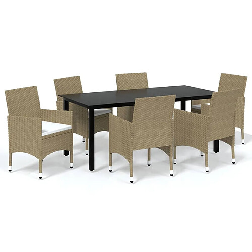 Maison Chic Ensemble à manger d'extérieur 7 pcs avec coussins,Salon de jardin,Mobilier de jardin Poly rotin Beige -GKD996405