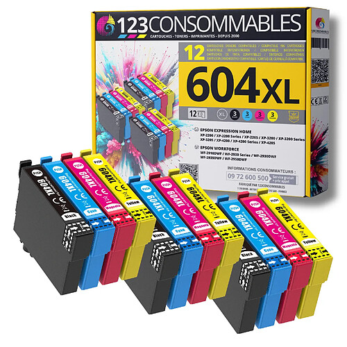 123CONSOMMABLES - 604XL - Pack 12 cartouches compatibles EPSON 604 XL