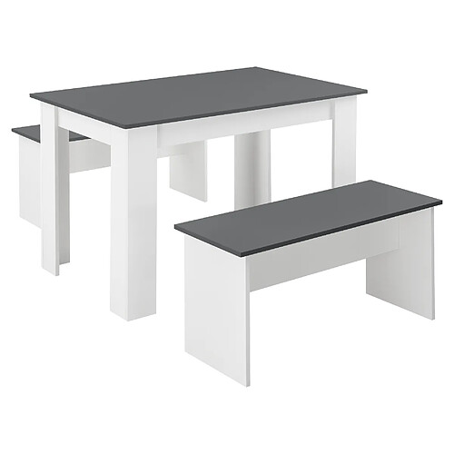 Lot de Table et 2 Bancs Design Ensemble de Meubles de Salle à Manger Stylé pour 4 Personnes Panneau de Particules Mélaminé 110 x 70 x 73 cm Blanc Gris [en.casa]