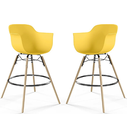 ICONIK INTERIOR Tabouret de Bar - Design Scandinave - Pieds en Bois - Lot de 2 - Nordika Jaune