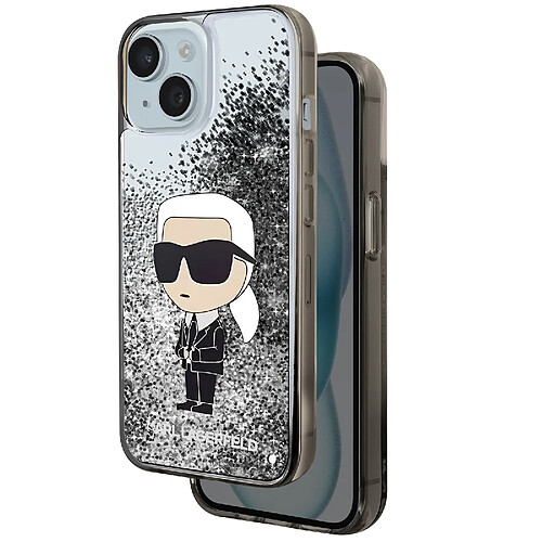 Karl Lagerfeld Coque pour iPhone 15 Motifs Paillettes Flottantes Bords Rehaussés Argent