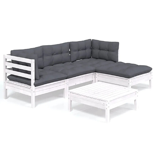 Maison Chic Salon de jardin 5 pcs + coussins - Mobilier/Meubles de jardin - Table et chaises d'extérieur Blanc Bois de pin -MN26200